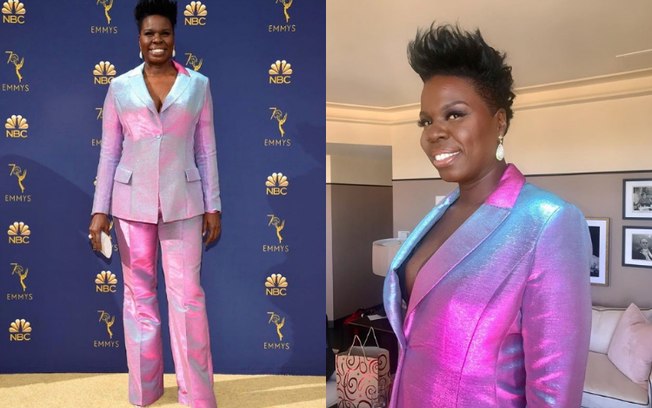 Looks das famosas: Leslie Jones ousou em um terninho holográfico, mesclando as cores rosa, azul e branco no visual