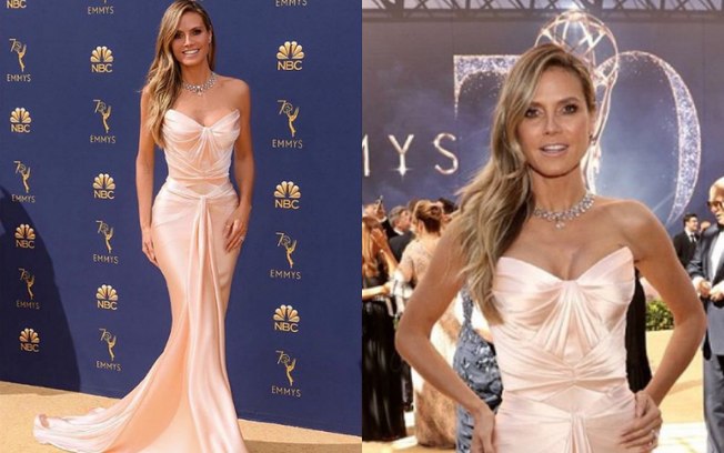 Looks das famosas: Heidi Klum apostou em um vestido modelo cauda de sereia, que valoriza as curvas do corpo feminino